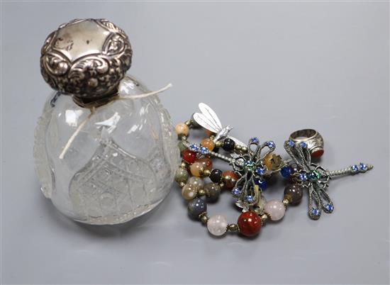 A silver topped scent bottle and mixed silver and other costume jewellery